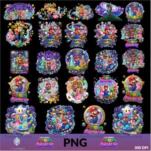 May include: A digital collection of twenty-four Super Mario Galaxy graphic illustrations featuring Mario, Luigi, Princess Peach, Rosalina, Bowser, and Toad characters set against colorful space, star, and planet backgrounds with the game logo.