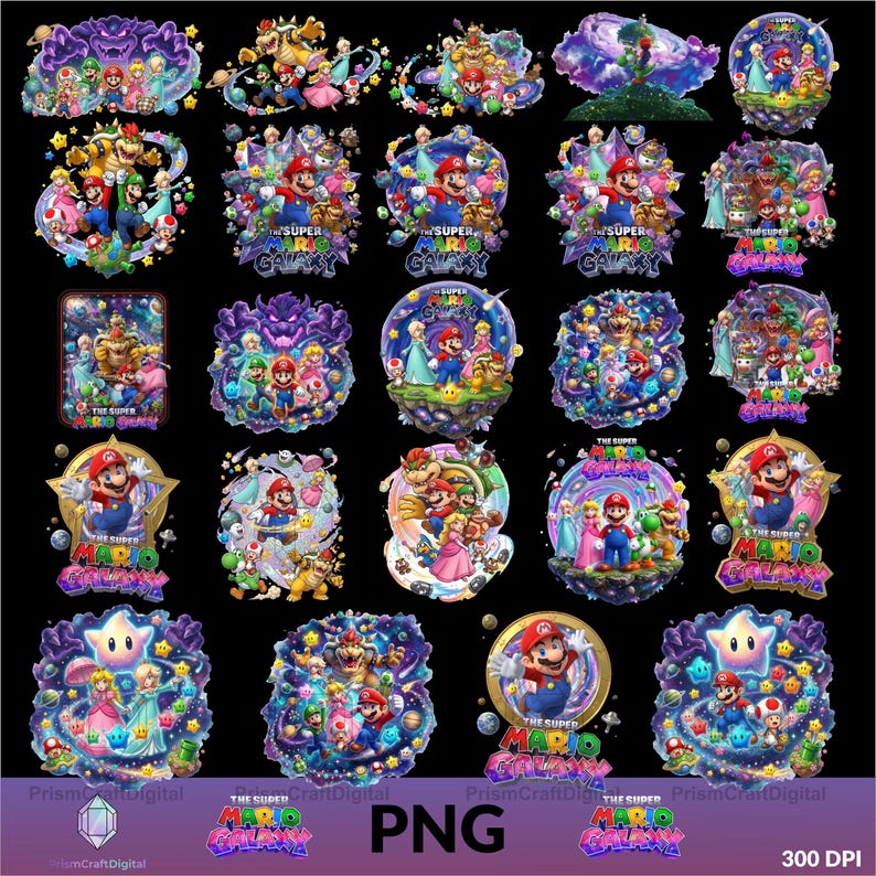 May include: A digital collection of twenty-four Super Mario Galaxy graphic illustrations featuring Mario, Luigi, Princess Peach, Rosalina, Bowser, and Toad characters set against colorful space, star, and planet backgrounds with the game logo.