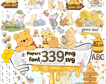 Pacchetto SVG+PNG personalizzabile di Baby Winnie the Pooh, clipart classica di Winnie the Pooh, decorazioni per torte, decorazioni per compleanno - Orsetto ad acquerello = Personalizzato