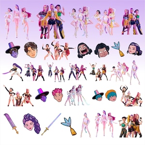 May include: A collection of digital illustrations featuring stylized figures in various poses. The images showcase a range of characters, including groups of women in futuristic outfits, faces, and fantasy-themed elements like swords and decorative items, all set against a purple background.