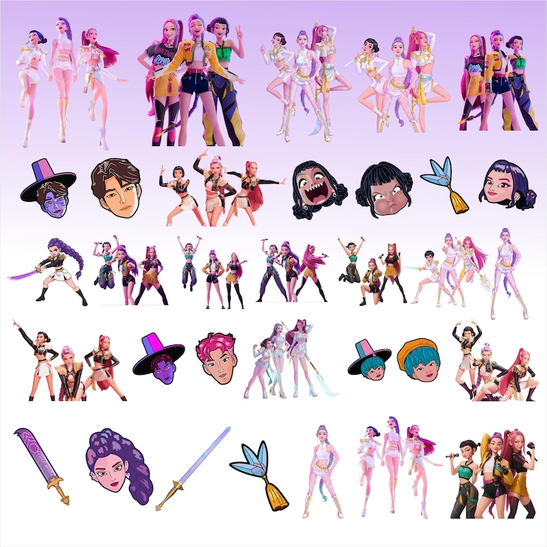 May include: A collection of digital illustrations featuring stylized figures in various poses. The images showcase a range of characters, including groups of women in futuristic outfits, faces, and fantasy-themed elements like swords and decorative items, all set against a purple background.