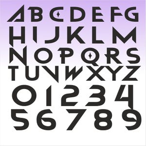 May include: Black stylized alphabet and number set against a gradient purple to white background. The letters A, D, Q, and the number 0 have unique design elements. The numbers 0-9 are included.