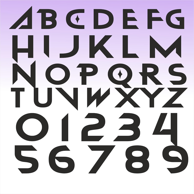 May include: Black stylized alphabet and number set against a gradient purple to white background. The letters A, D, Q, and the number 0 have unique design elements. The numbers 0-9 are included.