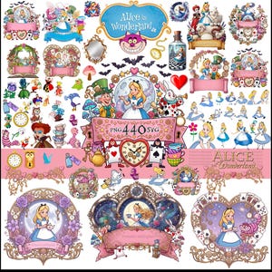 May include: A collection of Alice in Wonderland themed digital graphics. Includes illustrations of Alice, the Mad Hatter, the Cheshire Cat, playing cards, clocks, and other iconic elements, with the text "Alice in Wonderland Jr."