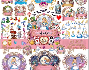 Pacchetto completo di SVG e PNG di Alice nel Paese delle Meraviglie, carte digitali e alfabeto, Cappellaio Matto, Gatto del Cheshire, Regina di Cuori - Coniglio Bianco + decorazione per torta di Alice