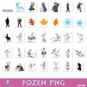 Op de afbeelding: Een verzameling PNG-afbeeldingen met personages en elementen uit de Disney-film "Frozen". Bevat afbeeldingen van Elsa, Anna, Olaf, Kristoff, Sven en sneeuwvlokken. De titel "FROZEN PNG" wordt in het blauw weergegeven en de afbeelding heeft een resolutie van 300 DPI.