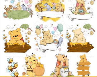 Pacchetto di clipart personalizzabili di Winnie the Pooh ad acquerello per bambini (SVG+PNG), download digitale.