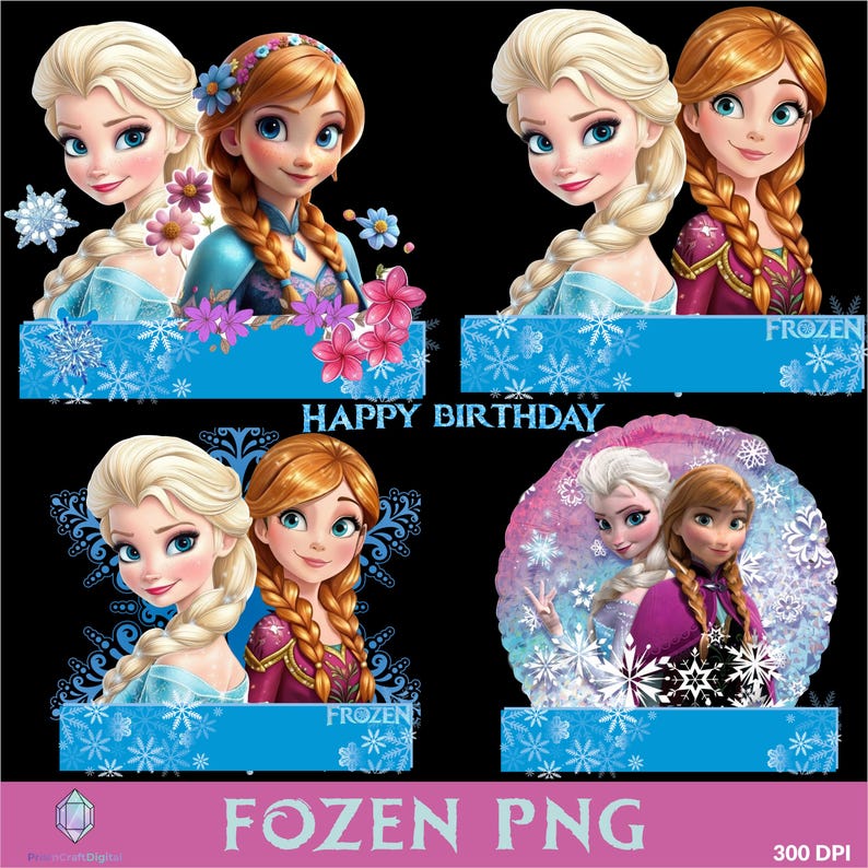 Op de afbeelding: Digitale illustraties met Elsa en Anna uit Frozen. De afbeeldingen bevatten de tekst "HAPPY BIRTHDAY" en "FROZEN PNG". De illustraties staan tegen een zwarte achtergrond met blauwe en roze accenten.