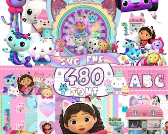 Pacchetto PNG+SVG della casa delle bambole di Gabby, decorazioni per feste di compleanno, casa delle bambole di Gabby, clipart per decorazioni per torte a tema casa delle bambole di Gabby - Pacchetto festa a tema gatto Gabby