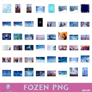 Op de afbeelding: Een verzameling digitale afbeeldingen met personages en sc&egrave;nes uit de film "Frozen". De afbeeldingen tonen verschillende sc&egrave;nes met Elsa, Anna, Olaf en andere personages, met een overwegend blauw en wit kleurenschema. De tekst "FOZEN PNG" wordt weergegeven.