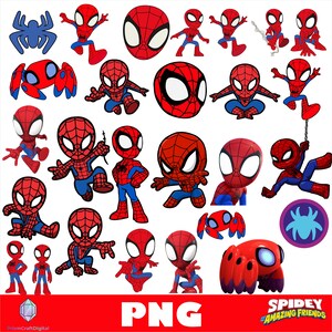 May include: A collection of digital illustrations featuring the character Spidey from Spidey and His Amazing Friends in various poses, including full-body action stances, close-up head shots, and a spider-bot, with a purple spider logo.
