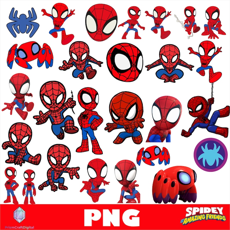 May include: A collection of digital illustrations featuring the character Spidey from Spidey and His Amazing Friends in various poses, including full-body action stances, close-up head shots, and a spider-bot, with a purple spider logo.