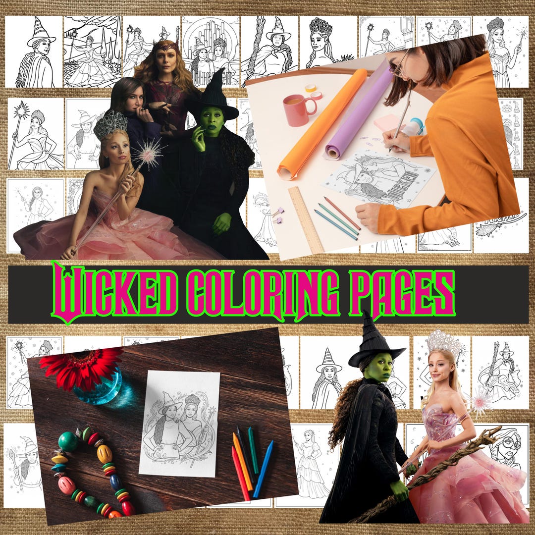 Wicked Coloring Pags Wicked Movie Coloring Pages Bundle, Elphaba & Glinda (digital Download ...