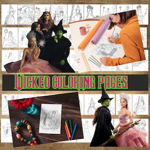 Puede incluir: Un collage con imágenes relacionadas con el musical "Wicked". Incluye fotos de los personajes principales, páginas para colorear y una persona coloreando. Se muestra el texto "Wicked Coloring Pages".