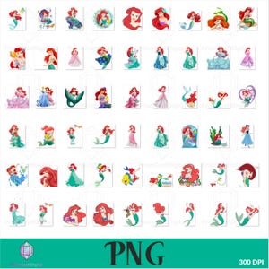 May include: A digital collection of numerous illustrations featuring the character Ariel from The Little Mermaid in various poses, outfits, and settings, including mermaid and human forms, displayed in a grid format on a white background.