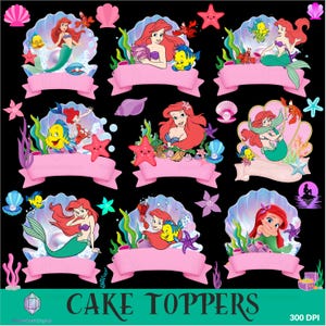 May include: A collection of nine digital illustrations featuring a red-haired mermaid character in various poses with sea creatures like a yellow fish and a red crab, each set within a seashell frame above a blank pink banner for custom text.