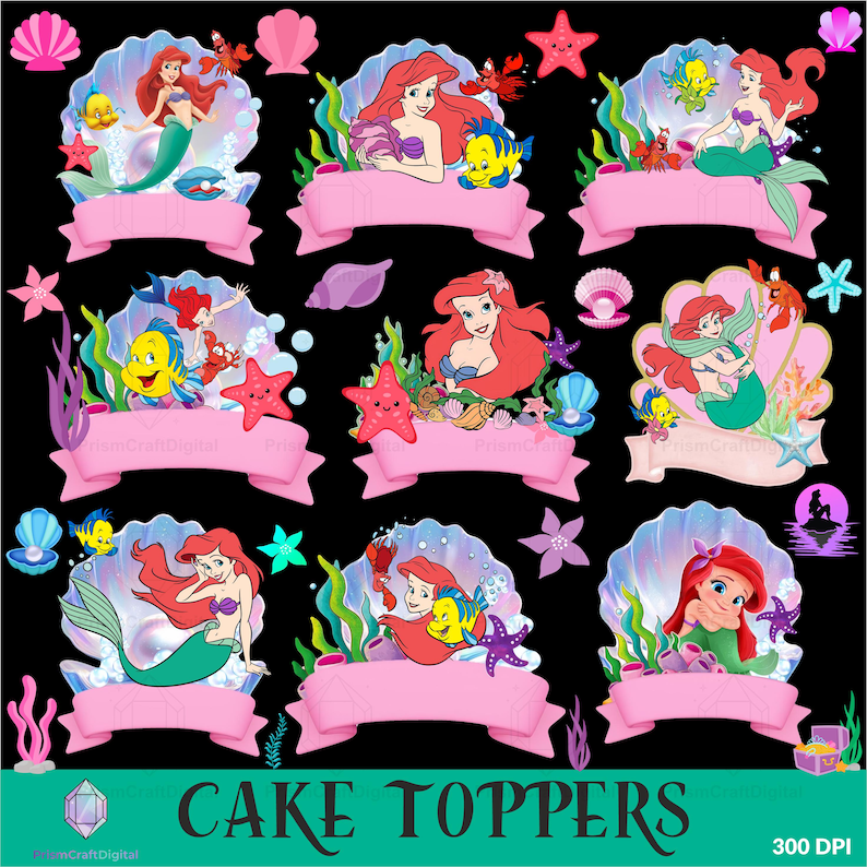 May include: A collection of nine digital illustrations featuring a red-haired mermaid character in various poses with sea creatures like a yellow fish and a red crab, each set within a seashell frame above a blank pink banner for custom text.