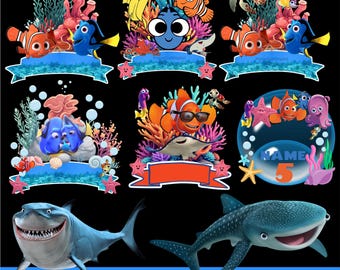 Pacchetto di decorazioni per torte Alla ricerca di Nemo in formato SVG+PNG, font = Nemo & Dory PNG Clipart, decorazioni per feste di compleanno a tema oceano, Nemo, squalo - Download digitale