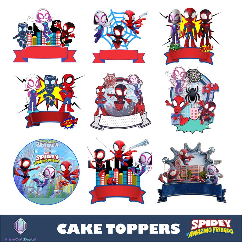 May include: A collection of nine Spidey and His Amazing Friends cake toppers featuring cartoon characters like Spidey, Ghost-Spider, and Spin in various action poses with city backgrounds, spider webs, and blank red or blue banners for text.
