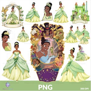 Puede incluir: Una colección de ilustraciones digitales que presentan a una princesa con un vestido de baile verde y amarillo. Varias poses y escenas incluyen a la princesa con una rana, frente a un castillo y en un marco decorativo. La palabra "PNG" es visible.