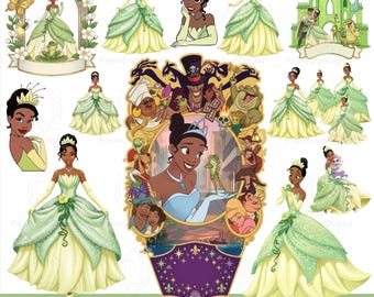 Pacchetto di oltre 190 font PNG+SVG di Tiana la Principessa e il Ranocchio, clipart di Tiana per la decorazione della torta di compleanno (file digitale)