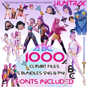 Kpop 1000 Clipart Bundle | KPop 2 Fonts, Huntrix PNG & SVG Files with KPop Alphabet, Rumi, Mira, Zoey  Saja Boys