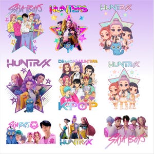 May include: A collection of colorful graphic designs featuring stylized illustrations of people and text. The designs include the words "Hunters", "Demon Hunters", "Huntrx", and "Saja Boys", along with star and other decorative elements.