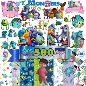 May include: A collection of digital graphics featuring characters from the animated film "Monsters, Inc." Includes various monsters, Boo, and decorative elements. The image also includes the text "SVG PAPERS 580 PNG FONT".