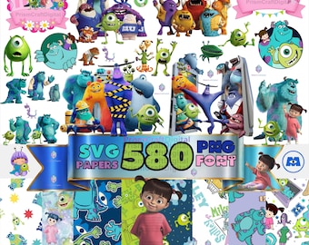 Pacchetto di immagini PNG e SVG di Monsters & Co., clipart di Mike e Sully, immagini PNG di mostri + decorazioni per feste di compleanno - topper per torta - set di inviti + carta digitale