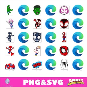 May include: A digital sticker sheet featuring various cartoon characters including Hulk, Spider-Man, Ghost-Spider, Black Panther, and Miles Morales, alongside the blue and green Microsoft Edge logo, with the text PNG & SVG and Spidey and His Amazing Friends.