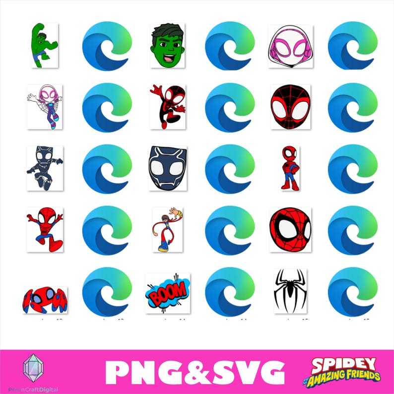 May include: A digital sticker sheet featuring various cartoon characters including Hulk, Spider-Man, Ghost-Spider, Black Panther, and Miles Morales, alongside the blue and green Microsoft Edge logo, with the text PNG & SVG and Spidey and His Amazing Friends.