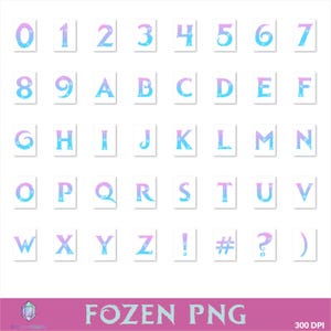 Op de afbeelding: Een verzameling digitale PNG-bestanden met cijfers, letters en symbolen. Elk teken heeft een aquareleffect in blauwe en paarse tinten. De tekens worden weergegeven op afzonderlijke witte rechthoeken. De onderste banner luidt "FROZEN PNG".