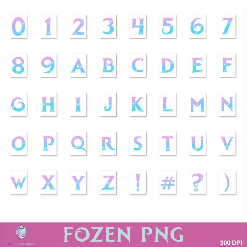 Op de afbeelding: Een verzameling digitale PNG-bestanden met cijfers, letters en symbolen. Elk teken heeft een aquareleffect in blauwe en paarse tinten. De tekens worden weergegeven op afzonderlijke witte rechthoeken. De onderste banner luidt "FROZEN PNG".