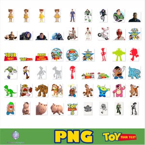 May include: A digital collection of Toy Story character illustrations, including Buzz Lightyear, Woody, Mr. Potato Head, Rex, Slinky Dog, and Hamm. The set features various poses, silhouettes, and text graphics like Toy Story 5 and Your Text.