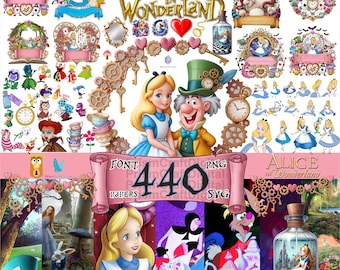 Pacchetto completo SVG PNG di Alice nel Paese delle Meraviglie + Carte digitali, Alfabeto, Carattere, Cappellaio Matto, Gatto del Cheshire, Regina di Cuori, Decorazione per torta di Alice, Coniglio Bianco