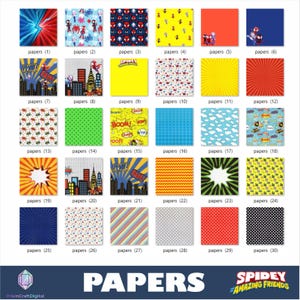 May include: A collection of thirty square digital paper designs featuring various patterns including comic book style action words, city skylines, polka dots, stripes, and character graphics in vibrant colors like red, blue, yellow, and green.