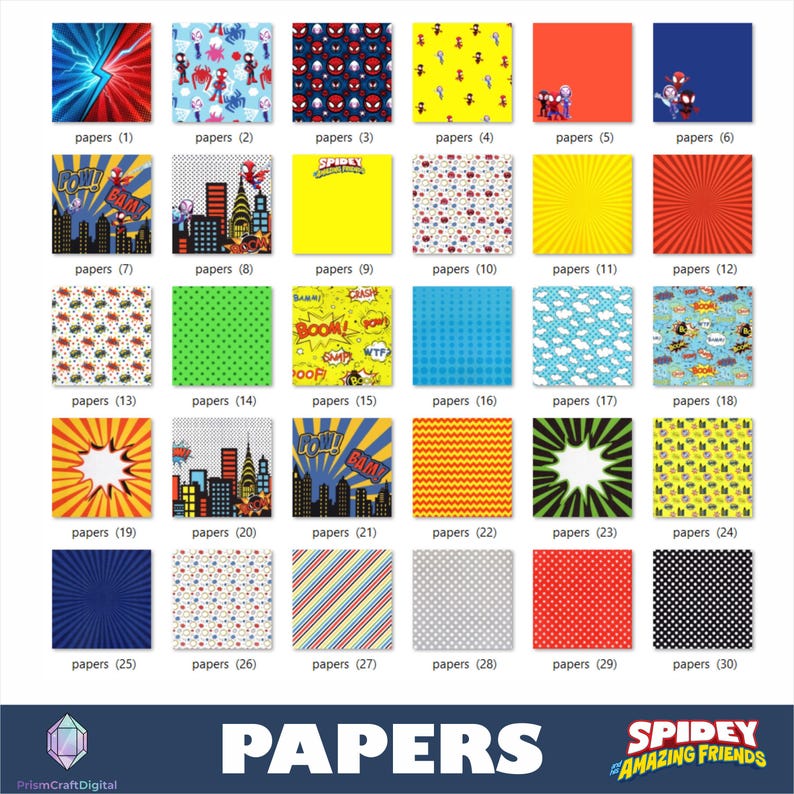 May include: A collection of thirty square digital paper designs featuring various patterns including comic book style action words, city skylines, polka dots, stripes, and character graphics in vibrant colors like red, blue, yellow, and green.