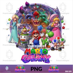 May include: A digital graphic featuring Mario, Princess Peach, Rosalina, Bowser, Bowser Jr., Yoshi, and Toads against a cosmic background. The text THE SUPER MARIO GALAXY is displayed in bold, colorful, stylized lettering at the bottom of the composition.
