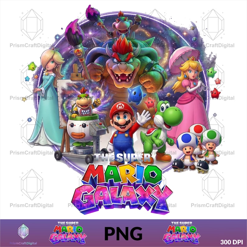 May include: A digital graphic featuring Mario, Princess Peach, Rosalina, Bowser, Bowser Jr., Yoshi, and Toads against a cosmic background. The text THE SUPER MARIO GALAXY is displayed in bold, colorful, stylized lettering at the bottom of the composition.