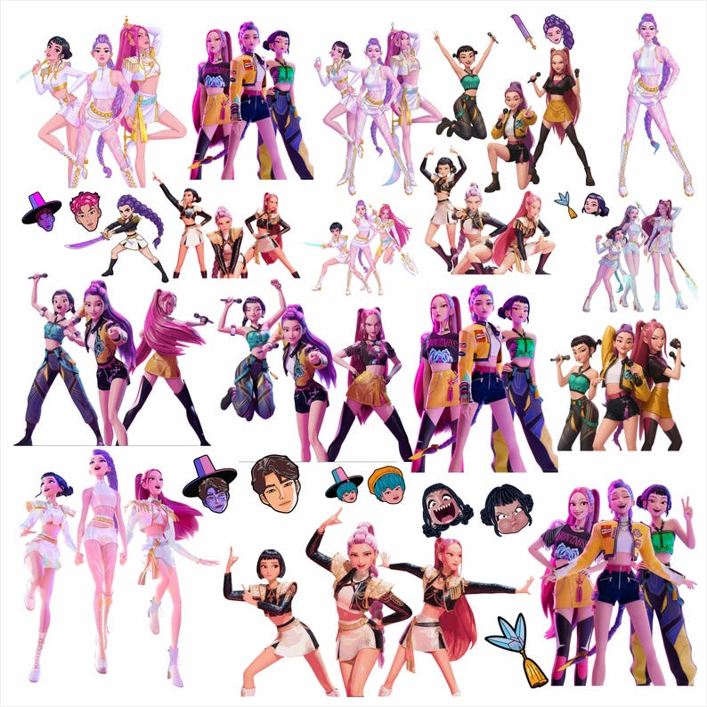 May include: A collage of digitally illustrated figures in various poses, dressed in vibrant costumes. The figures have diverse skin tones and hairstyles, with a focus on dynamic action poses and stage-ready attire. Some images include cartoon-style faces and accessories.