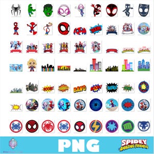 May include: A collection of digital stickers featuring Spidey and His Amazing Friends characters, including Spider-Man, Ghost-Spider, Spin, Hulk, and Black Panther, alongside comic book sound effects like BOOM and BANG, city skylines, and logos.
