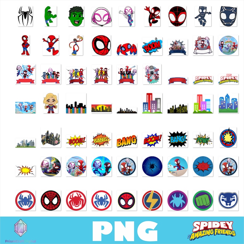 May include: A collection of digital stickers featuring Spidey and His Amazing Friends characters, including Spider-Man, Ghost-Spider, Spin, Hulk, and Black Panther, alongside comic book sound effects like BOOM and BANG, city skylines, and logos.
