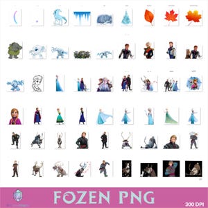 Op de afbeelding: Een verzameling PNG-afbeeldingen met personages en elementen uit de animatiefilm "Frozen." De afbeeldingen bevatten Elsa, Anna, Olaf, Kristoff, Sven en diverse winterse graphics. De tekst "Frozen PNG" is onderaan te zien.