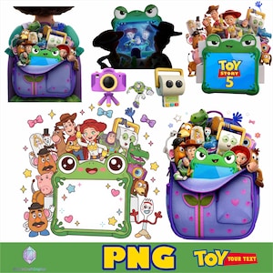 May include: A digital collection of Toy Story themed graphics featuring a purple backpack filled with various character figures, a green frog-shaped frame, a purple camera, and a white toy robot. The set includes illustrations of Woody, Jessie, Buzz Lightyear, and other characters, with text reading TOY STORY 5 and TOY YOUR TEXT.