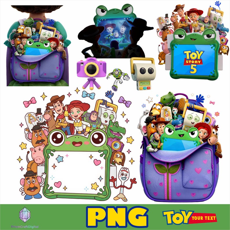 May include: A digital collection of Toy Story themed graphics featuring a purple backpack filled with various character figures, a green frog-shaped frame, a purple camera, and a white toy robot. The set includes illustrations of Woody, Jessie, Buzz Lightyear, and other characters, with text reading TOY STORY 5 and TOY YOUR TEXT.