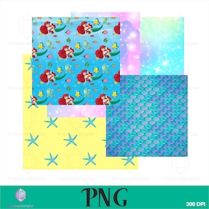 May include: A digital paper set featuring multiple patterns including a blue background with repeating mermaid and fish illustrations, a yellow background with blue starfish, a teal mermaid scale pattern, and a pink and blue sparkling gradient.