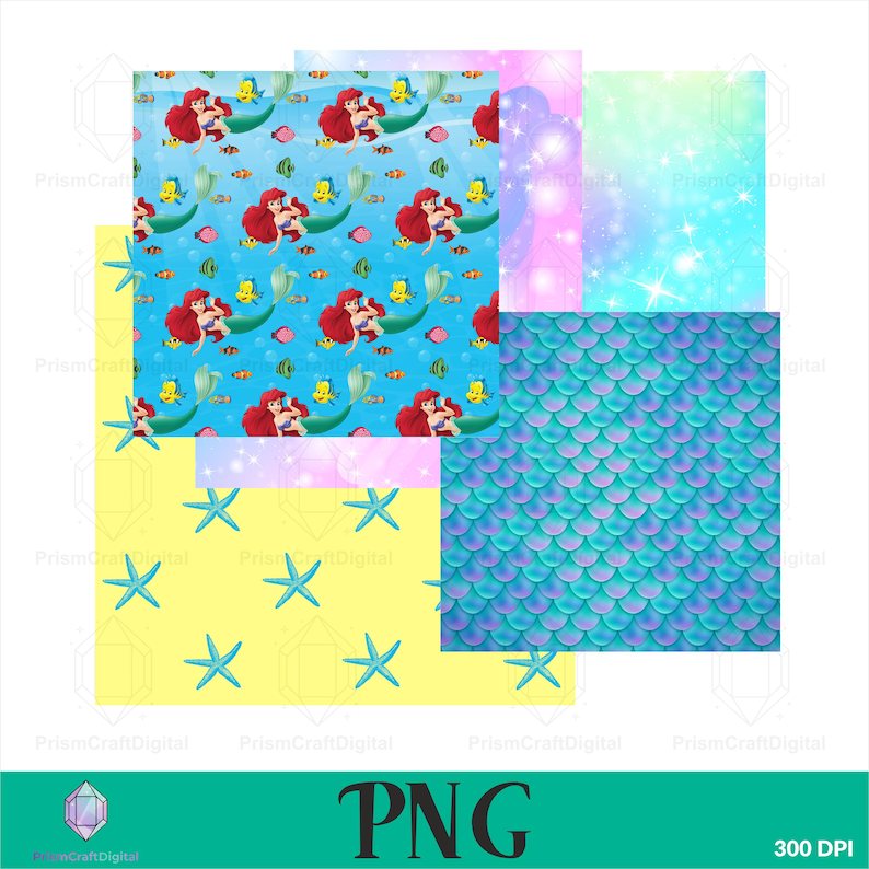 May include: A digital paper set featuring multiple patterns including a blue background with repeating mermaid and fish illustrations, a yellow background with blue starfish, a teal mermaid scale pattern, and a pink and blue sparkling gradient.