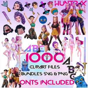 Può includere: Una collezione di arte digitale con illustrazioni stilizzate di personaggi femminili, accessori e testo. L'immagine include il testo "1000 File di clipart, Pacchetti SVG e PNG, Caratteri inclusi."