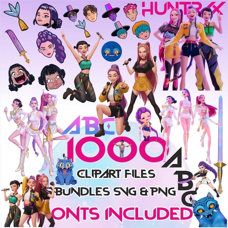 May include: A digital art collection featuring stylized illustrations of female characters, accessories, and text. The image includes the text "1000 Clipart Files, Bundles SVG & PNG, Fonts Included."
