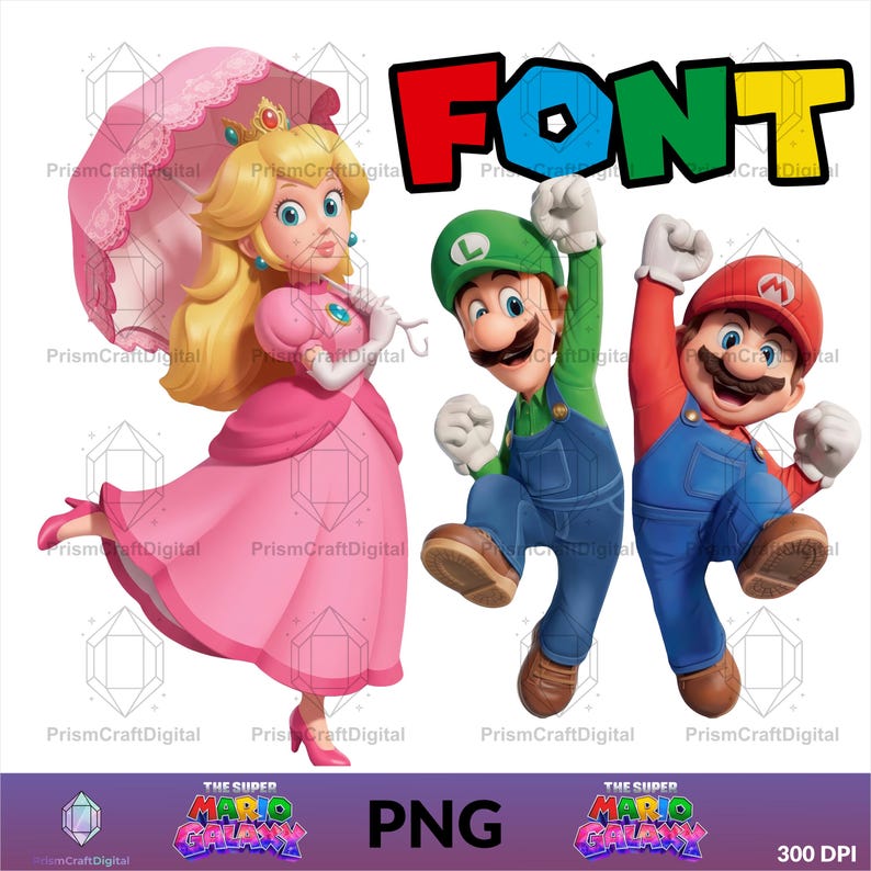 May include: Princess Peach in a pink dress holding a pink parasol, Luigi in green overalls, and Mario in red overalls are depicted. The word FONT appears in large, colorful letters at the top, and the text THE SUPER MARIO GALAXY PNG appears below.